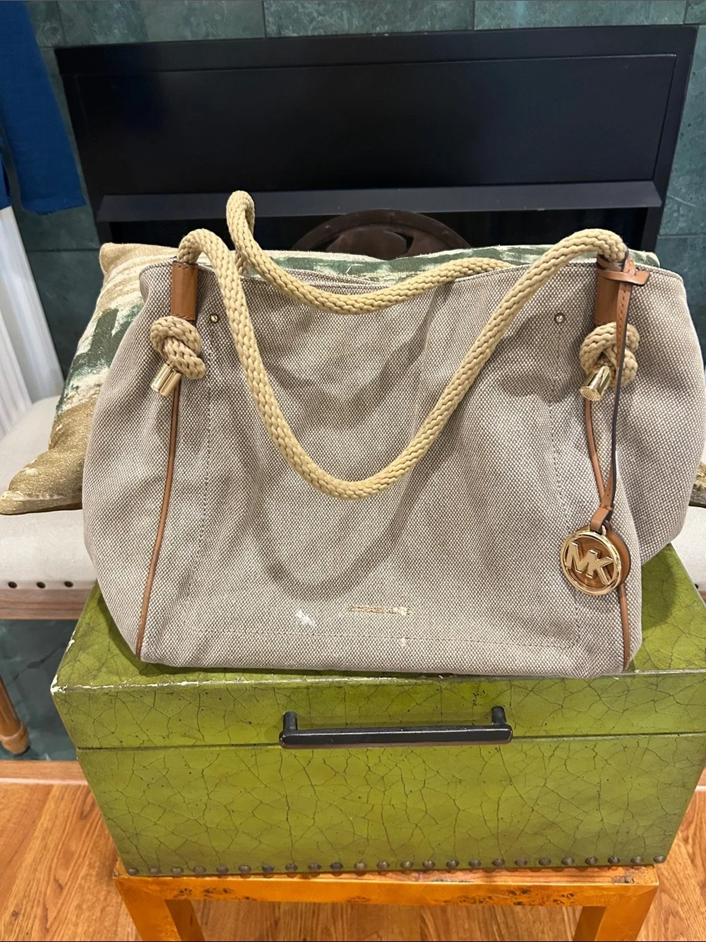 Michael Kors Natural Canvas Rope-Handle Hobo with Gold Logo Charm